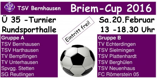 Sa. 20.2. AH-Ü35 Briem-Cup 2016 Rundsporthalle 13-18:30 Uhr