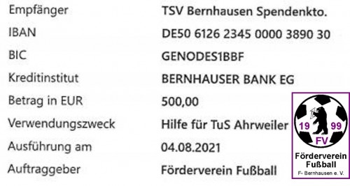 Flutkatastrophe: Spendenaktion TuS Ahrweiler - Förderverein-FB spendet 500€