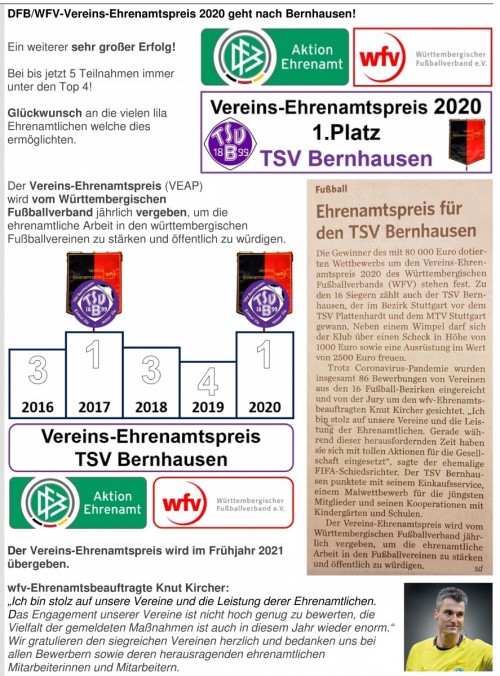 Vereins-Ehrenamtspreis 2020 Übergabe am So. 19.9. ca. 15 Uhr an TSV Bernhausen