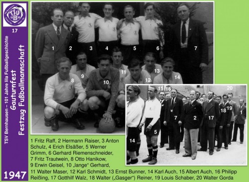 Lila Fußballgeschichte - 1947 Mannschaft vor Festzug zum Gauturnfest