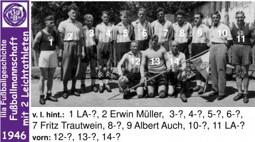 Lila Fußballgeschichte 1946 - Fußballmannschaft mit 2 Leichtathleten