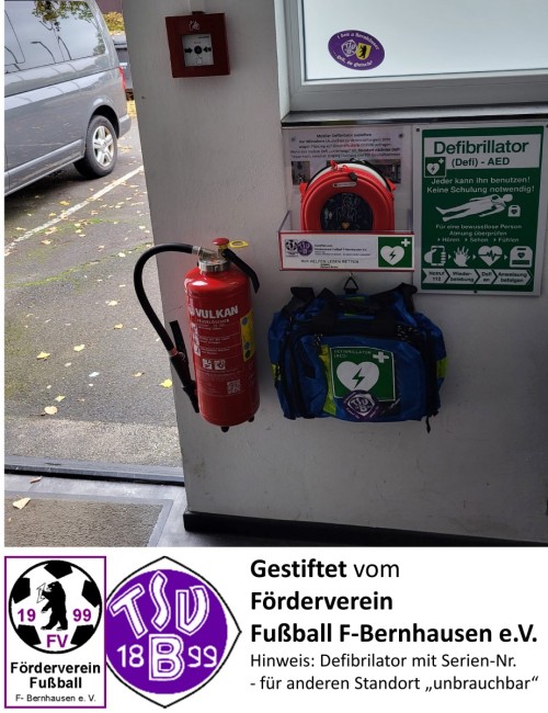 Neuer, 2. Defibrillator (AED) Standort Jugendraum Fußball montiert