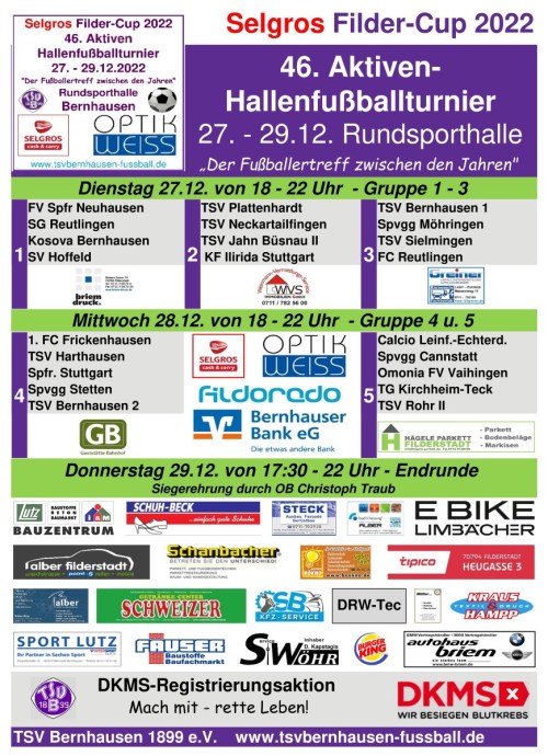 46. Aktiven- Hallenfußballturnier Selgros Filder-Cup 2022 vom 27. - 29.12.