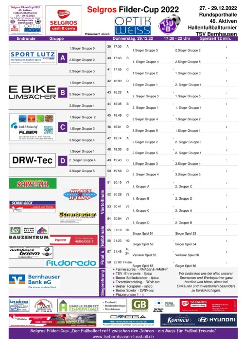 Spielplan 46. Aktiven- Hallenfußballturnier Selgros Filder-Cup