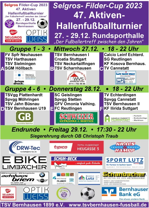 Selgros Filder-Cup 2023 - 47. Aktiven-Hallenfußballturnier 27.-29.12.