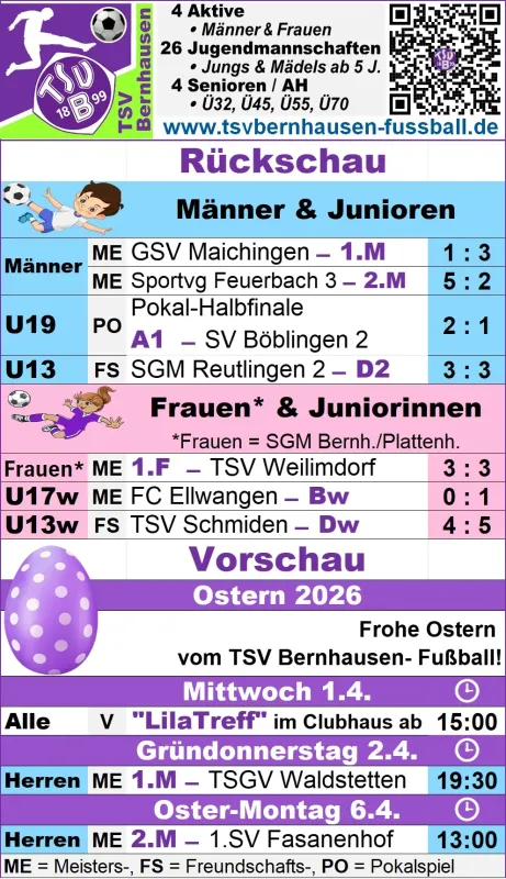 Frohe Ostern vom TSV Bernhausen-Fußball und Rückschau / Vorschau