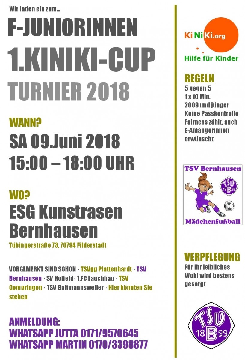 Eilt - diesen Sa. 9.6. F-Juniorinnen KINIKI-CUP TURNIER 2018